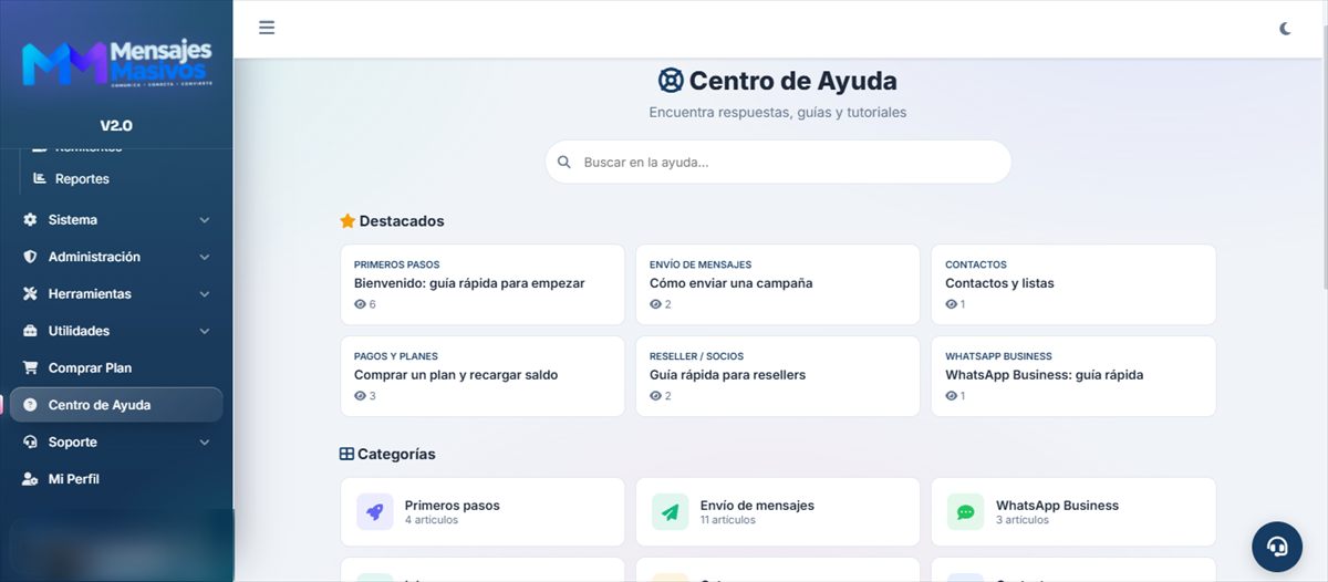 Centro de Ayuda de Mensajes Masivos con guías por tema y buscador
