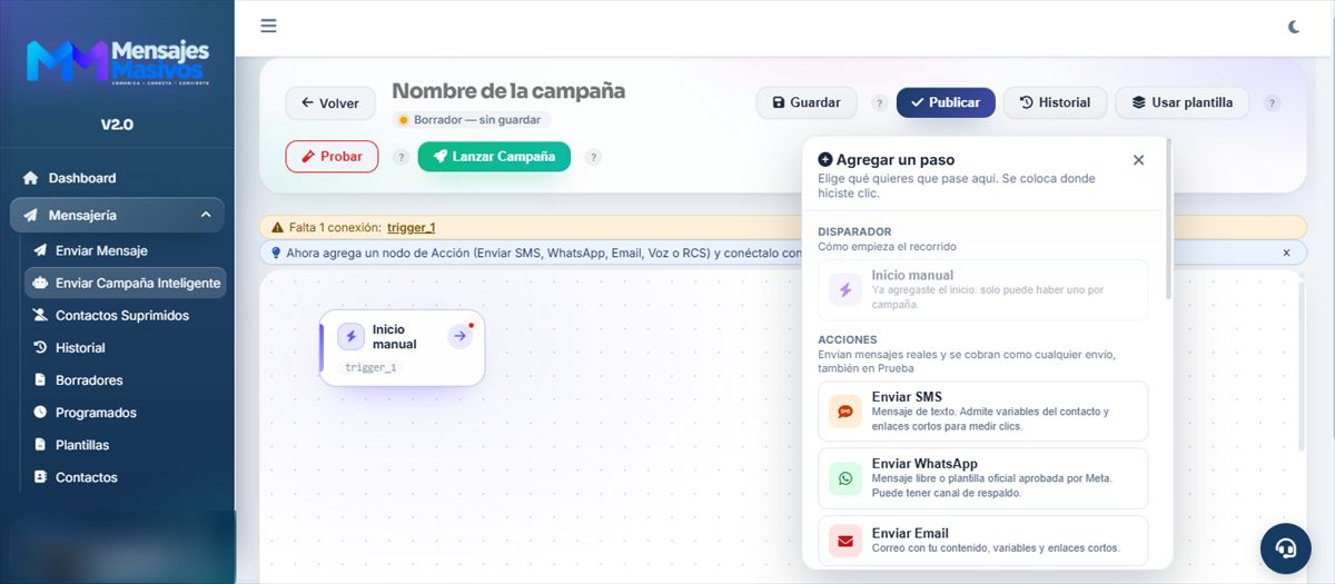 Editor de Campañas Inteligentes con la ventana para agregar un paso