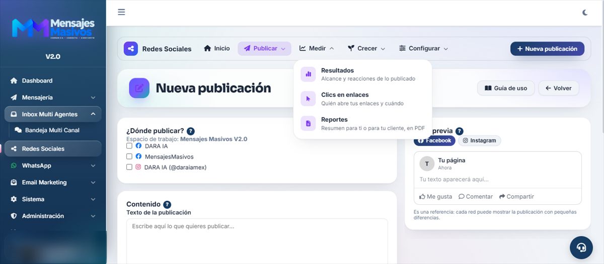 Pantalla para crear una publicación en Facebook e Instagram