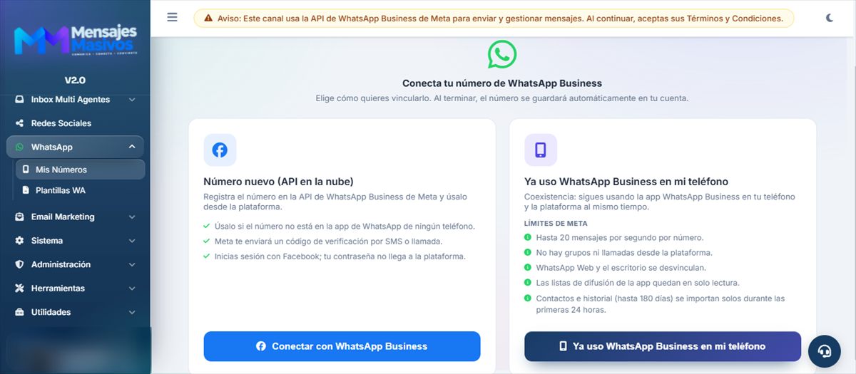 Pantalla para conectar un número de WhatsApp Business